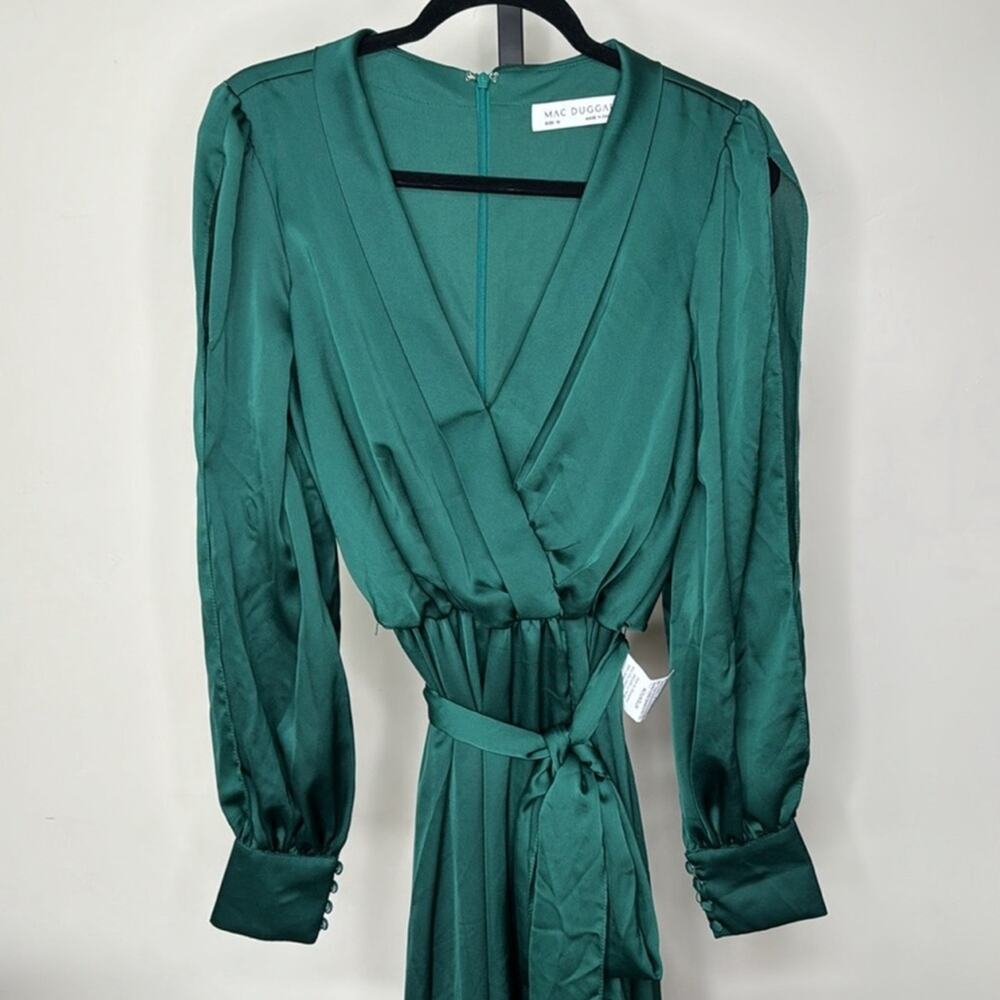 NWT MAC DUGGAL 49146 Deep Green Bishop Sleeve Faux Wrap Maxi Tie Waist Gown - Picture 4 of 11
